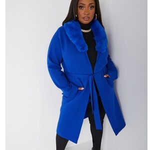 Vibrant Blue Faux Fur Collar Coat
